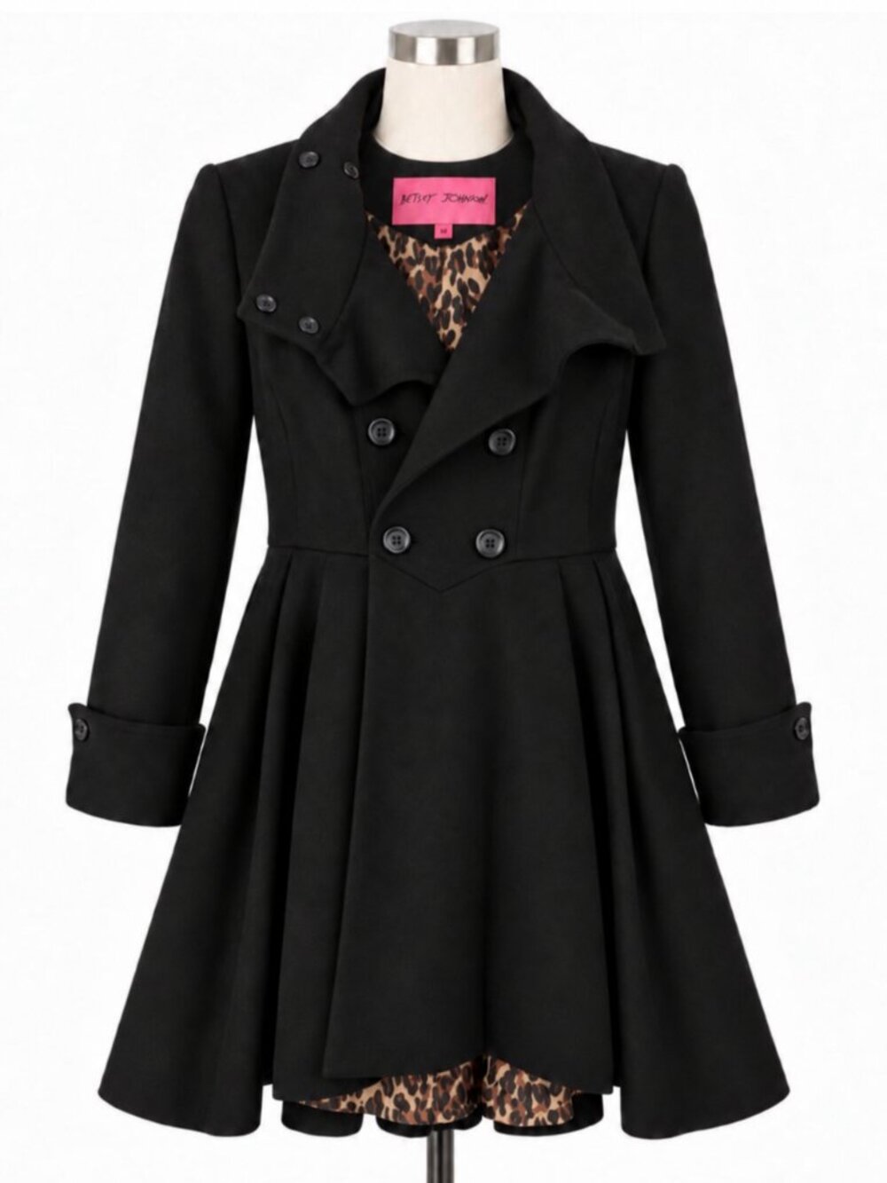 Betsey Johnson Black Wool Blend Fit & Flare Coat Leopard Lining Size 12